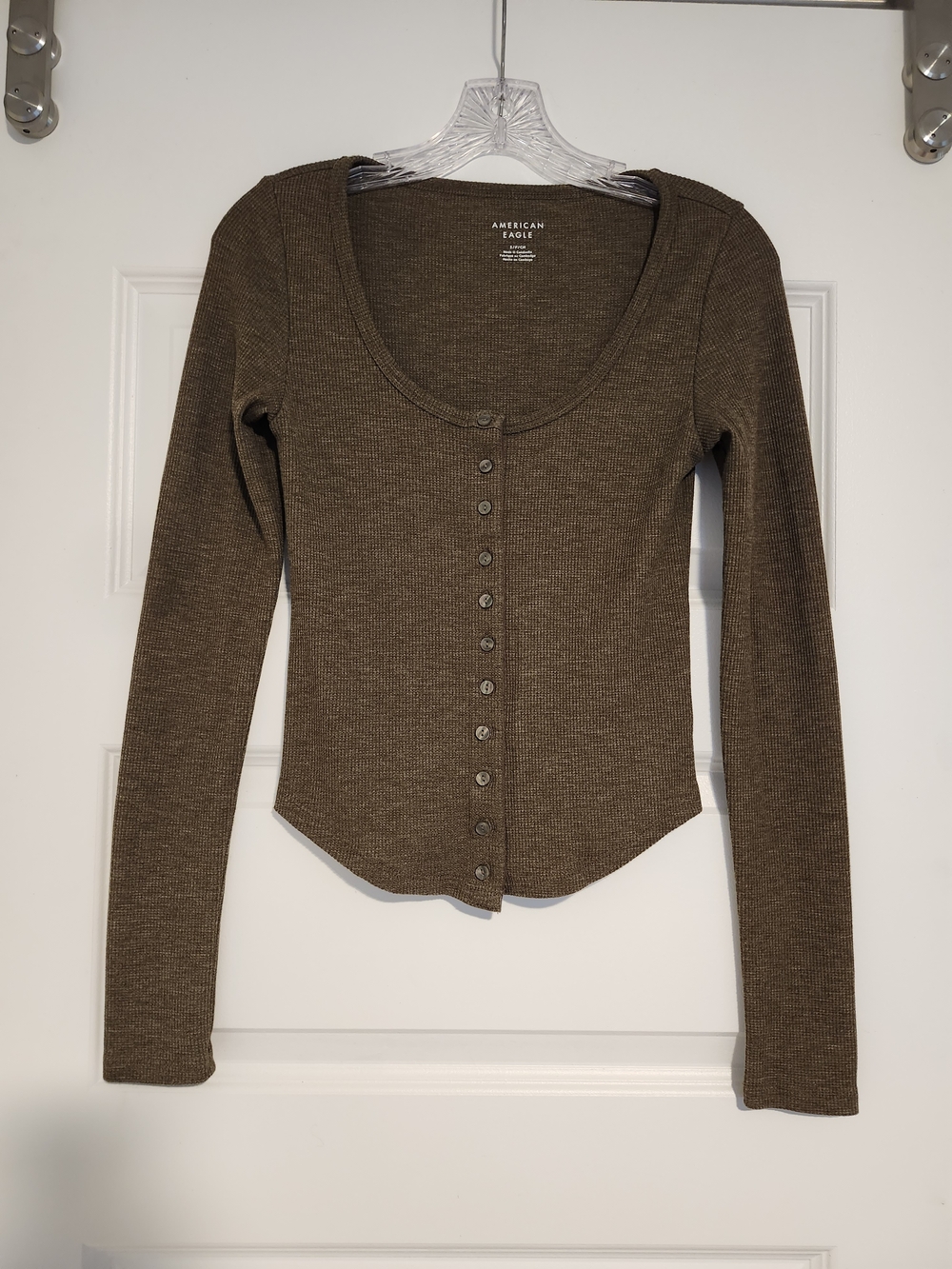 American Eagle Outfitters Olive Brown Ribbed Button-Front Long Sleeve Top